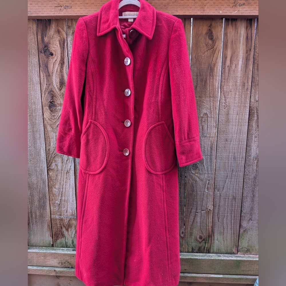 Vintage Liz Claiborne Red Wool Long Coat // Mod 60s Style Midi Trench // Size 8